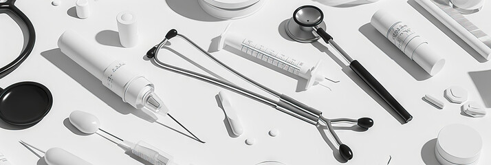 A minimalist, black-and-white abstract background featuring sterile medical instruments and equipment, emphasizing the importance of cleanliness in healthcare environments.