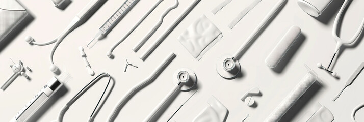 A minimalist, black-and-white abstract background featuring sterile medical instruments and equipment, emphasizing the importance of cleanliness in healthcare environments.