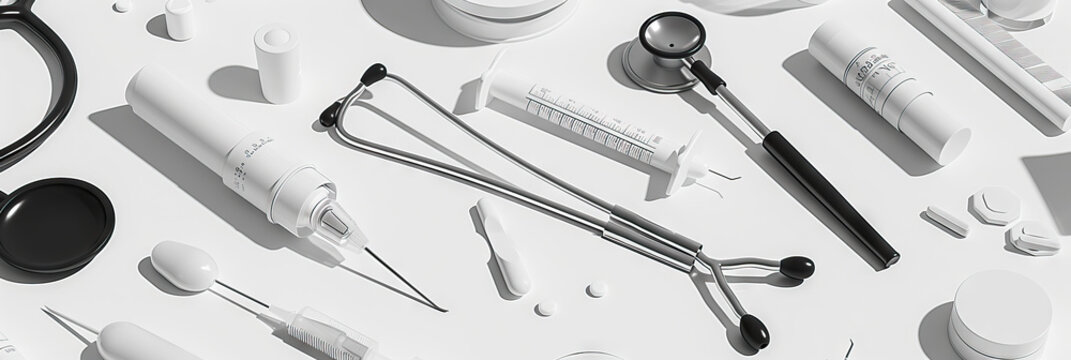 A minimalist, black-and-white abstract background featuring sterile medical instruments and equipment, emphasizing the importance of cleanliness in healthcare environments.
