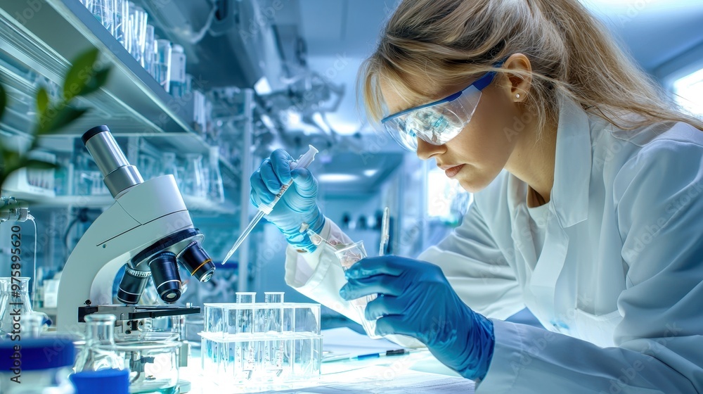 Poster a scientist conducts experiments in a modern laboratory, showcasing precision and focus with laborat