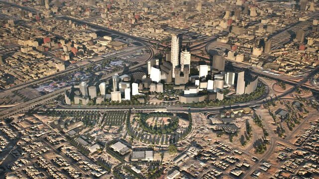 King Abdullah Financial District (KAFD) - Drone video showcasing a 3D view of KAFD in Riyadh, the financial hub in the Kingdom of Saudi Arabia, the primary center for business activities.
