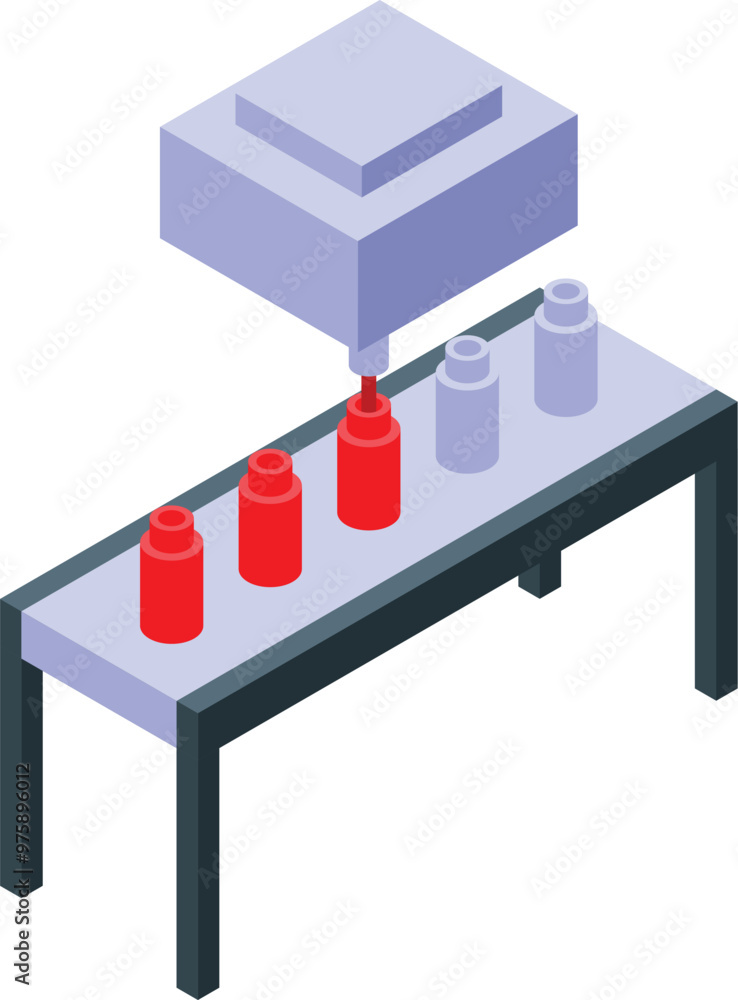 Poster automatic 3d printer creating objects from red plastic filament on conveyor belt, additive manufactu