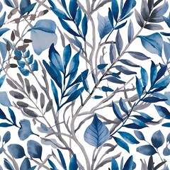Watercolor blue and grey leaves and branches seamless pattern, hand painted on a white background