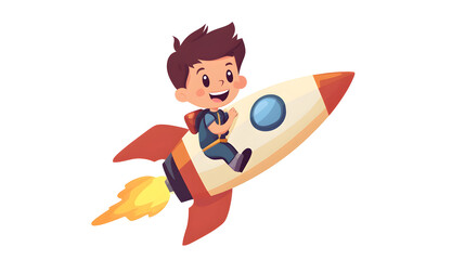 Flat cartoon of A boy is riding a rocket isolated on transparent background