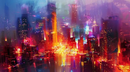 Obraz premium An abstract cityscape with tall buildings and colorful lights 