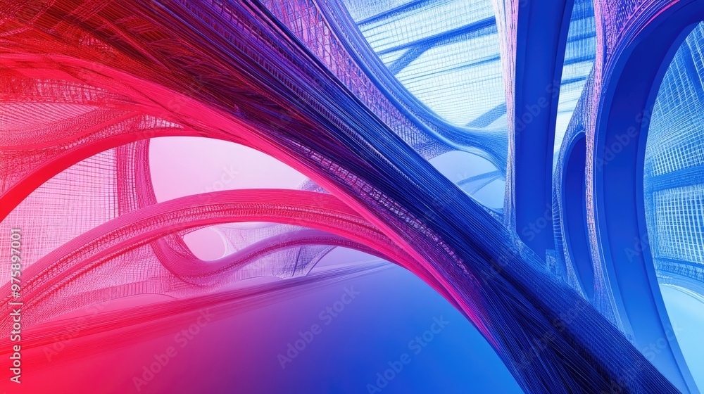 Wall mural Abstract futuristic design with blue and red glowing lines and arches.