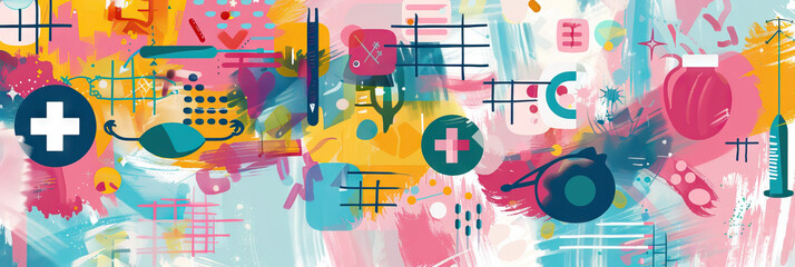 A colorful, abstract background featuring a woven pattern of medical symbols and tools, representing the interconnectedness of various treatment modalities.