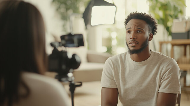 cinematic documentary scene featuring an intimate interview with a subject speaking into the camera. The setup should include natural lighting and a minimalistic background to keep