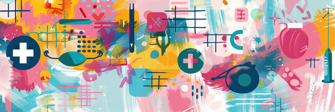 A colorful, abstract background featuring a woven pattern of medical symbols and tools, representing the interconnectedness of various treatment modalities.
