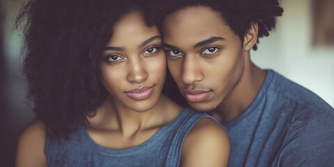 Obraz premium A close-up portrait of a young black couple wearing casual t-shirts, with a blurred background.