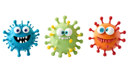 Obraz premium Set of 3D cute happy cartoon Bacteria and virus isolated on transparent background