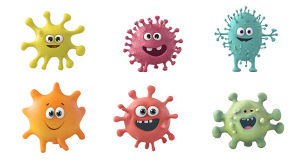 Set of 3D cute happy cartoon Bacteria and virus isolated on transparent background