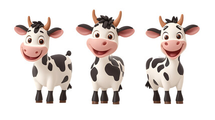 Obraz premium Set of 3D cute happy cartoon cow isolated on transparent background