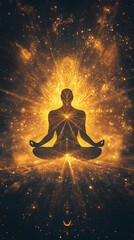 A meditating figure surrounded by an aura of golden light, radiating energy and spiritual power.