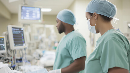Obraz premium ER team in action, including a surgeon and anesthetist, within a medical clinic room. The scene should focus on their collaboration and dedication to emergency nursing care, with a