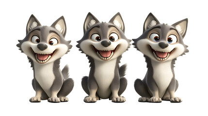 Fototapeta premium Set of 3D cute happy cartoon Wolf isolated on transparent background