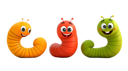 Set of 3D cute happy cartoon Worm isolated on transparent background