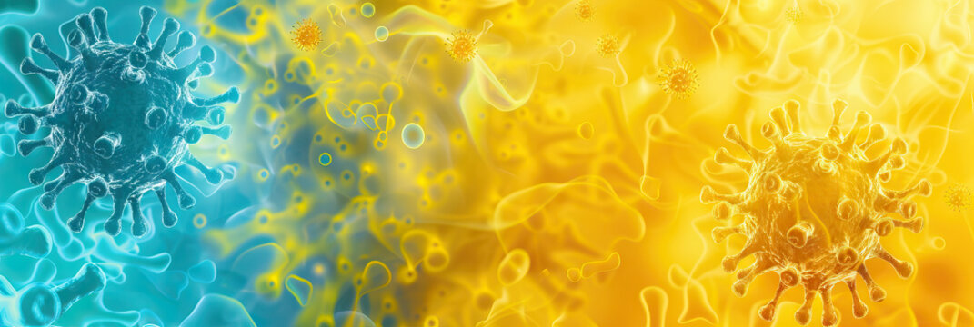Flu Virus - A vibrant yellow and blue abstract background featuring a swirling representation of the influenza virus.