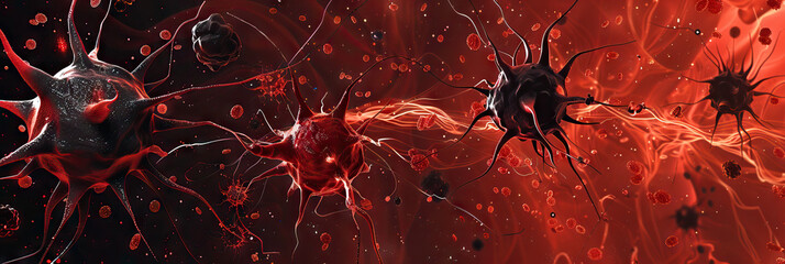 A striking red and black abstract design that showcases disorderly cell growth, emphasizing the importance of cancer prevention and detection.