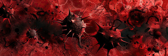 A striking red and black abstract design that showcases disorderly cell growth, emphasizing the importance of cancer prevention and detection.