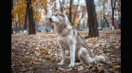 Siberian Husky in the park, wide shot.