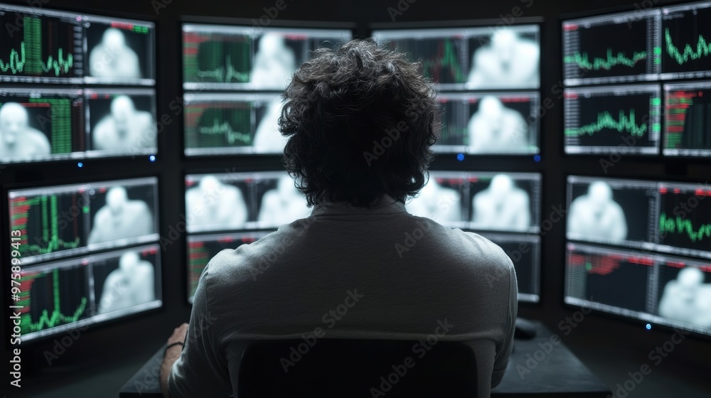 Poster a man sitting in front of a computer screen with multiple monitors, ai