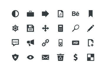 Arrow, Audio, Behance, Bookmark, Brightness, vector illustration, music icons set