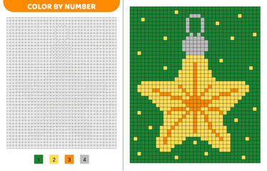 Color by number. Star. Christmas decoration. Pixel coloring book. Numbered squares. Game for kids.