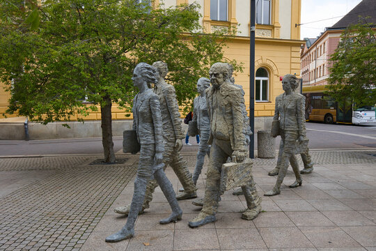 Czech Republic, Česk&eacute; Budějovice - May 08, 2024: The Humanoidi statue group.