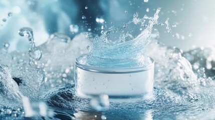 Product surrounded by cascading water, with splashes and droplets adding a dynamic, energetic feel to the product's presentation