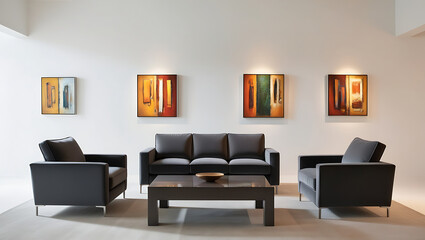 Modern living room interior sofa set and table with background of a wall in which painting are hanged.