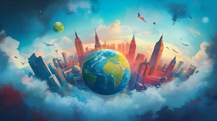 3D abstract earth globe with continents and clouds in space