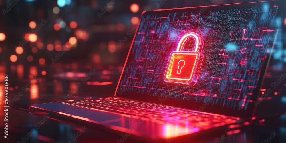 Poster laptop screen showing a secure lock symbol, with a digital matrix background, highlighting cybersecu