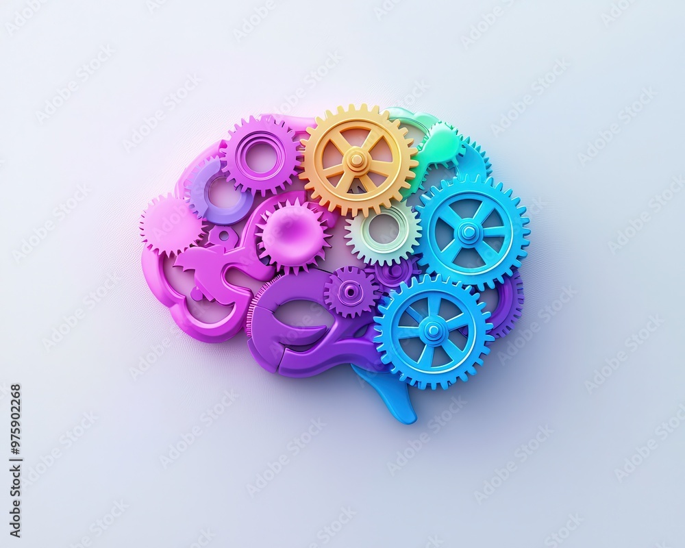 Poster colorful gears representing creativity and innovation in the brain, symbolizing the connection betwe