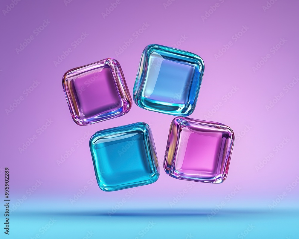 Poster colorful glass cubes floating in the air, creating a vibrant and modern atmosphere against a soft gr