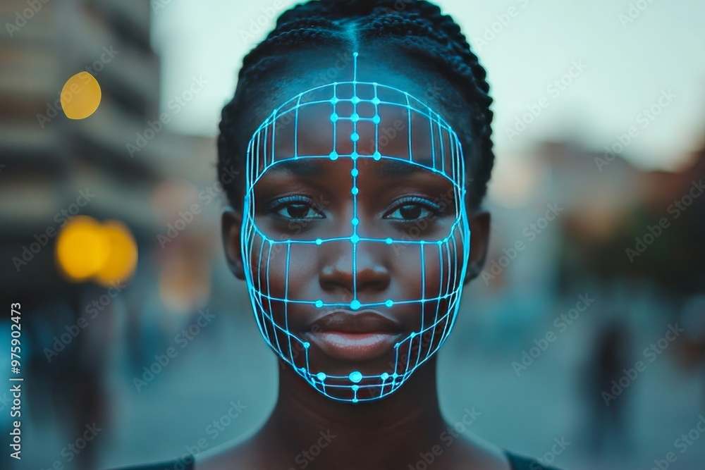 Aufkleber woman’s face illuminated by glowing digital wireframe symbolizing facial recognition artificial inte