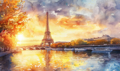 Watercolor The main attraction of Paris and all of Europe is the Eiffel tower in the rays of the setting sun on the bank of Seine river