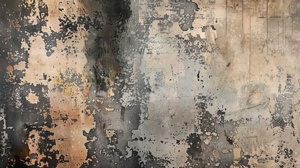 Weathered textured wall with peeling paint in muted tones observed in an aged building during...