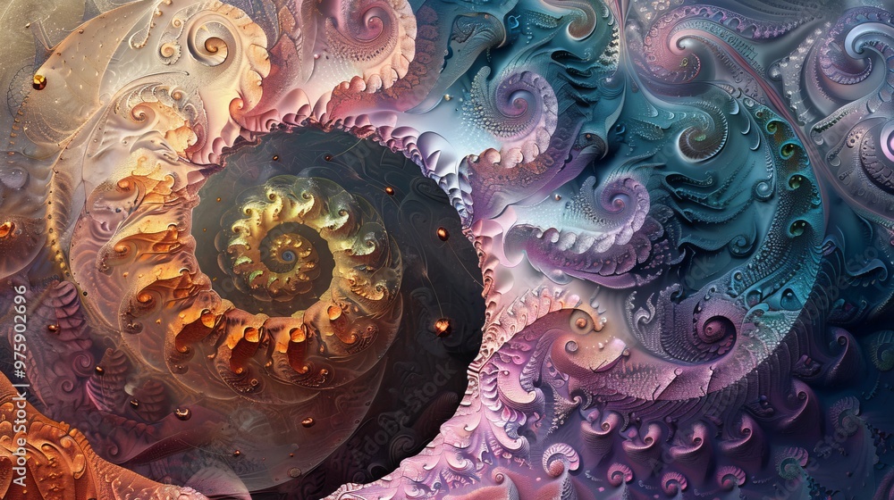 Poster colorful abstract spiral design showcasing intricate patterns and textures against a vibrant cosmic 
