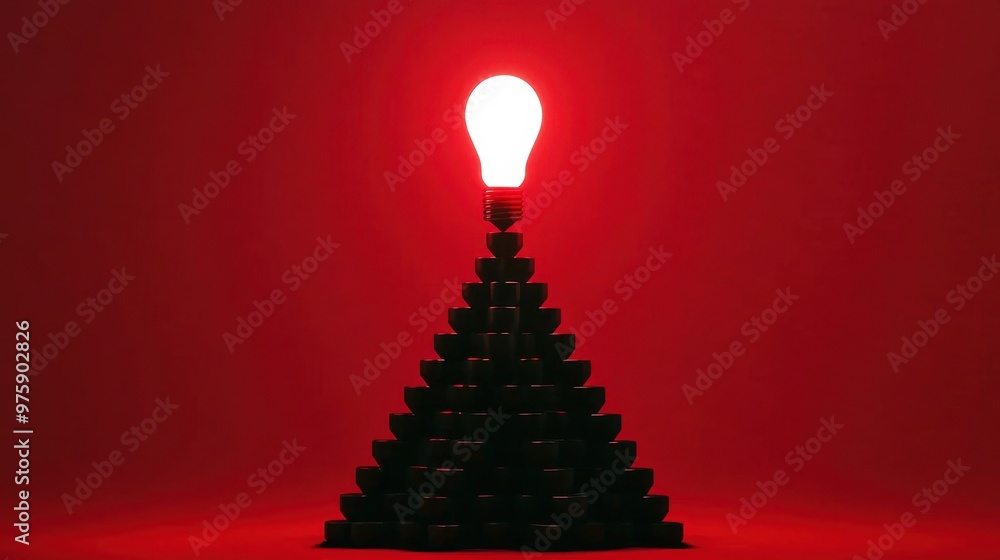 Poster a glowing light bulb atop a pyramid of stacked objects, creating a striking contrast against a vibra