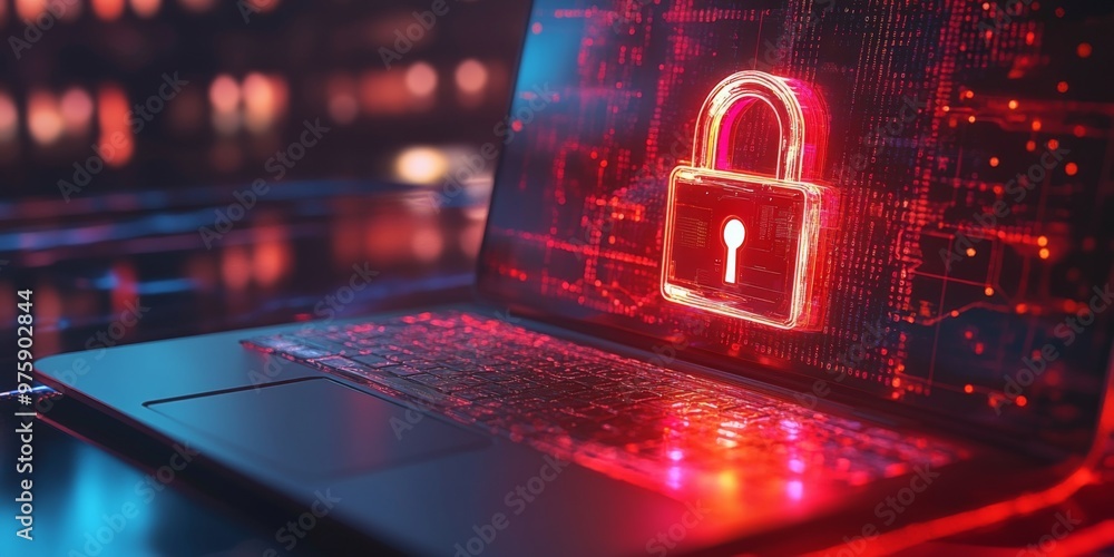 Aufkleber laptop screen showing a secure lock symbol, with a digital matrix background, highlighting cybersecu