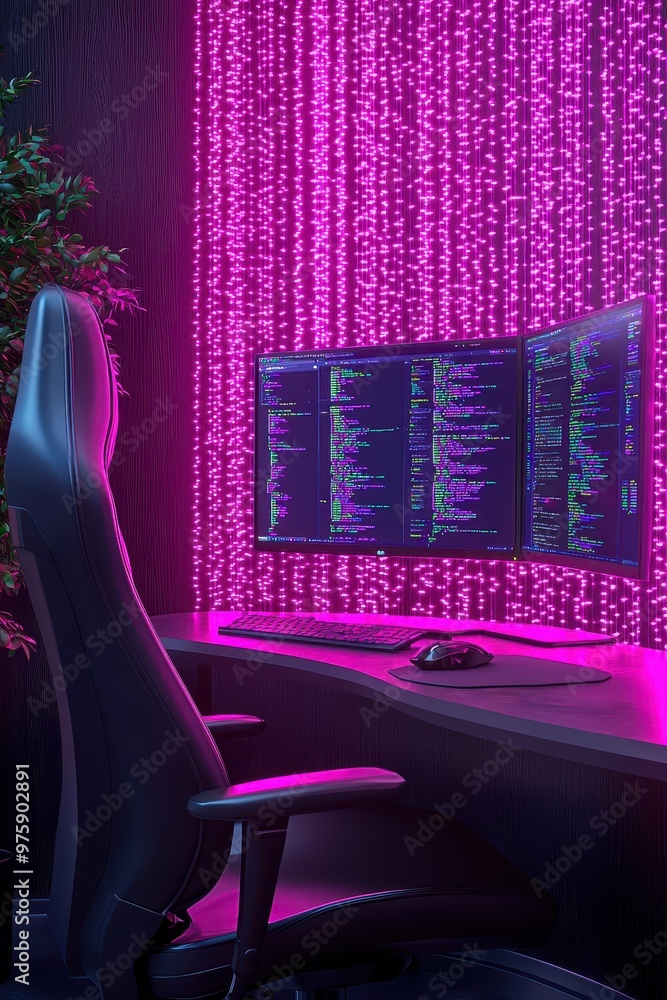 Poster a modern workspace featuring a dual monitor setup with vibrant pink lighting, perfect for programmer