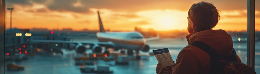 Traveler observing sunset at airport, waiting for departure. A symbol of adventure and exploration in a vibrant travel hub.
