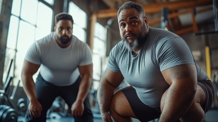 Two strong athletes preparing for weightlifting in a modern gym, showcasing determination and fitness in an inspiring environment.