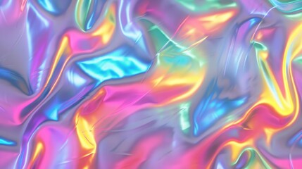 Fototapeta premium Colorful iridescent fabric pattern displaying vibrant swirls of purple, pink, blue, and green light reflection under bright illumination