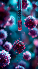 Intricately detailed syringe with virus particles - science and medicine conceptual art