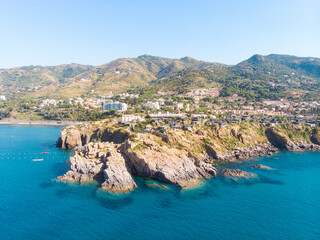 Aerial drone landscape photo of Cefalu Club Med hotel on the coast of Sicily, Italy