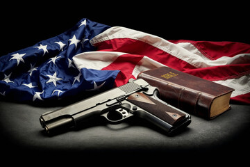 American flag, the Holy Bible and a Gun laying on a concrete surface and set against a black background. Patriotism, Christianity, freedom and self-defense concept. Morality and patriotism. 