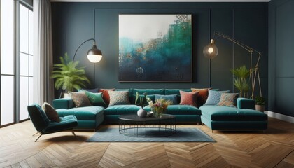 A mid-century modern living room, dark teal accent wall, large textured art canvas, teal velvet sectional sofa with colorful patterned throw pillows, wood floors, potted plant decor, industrial pendan
