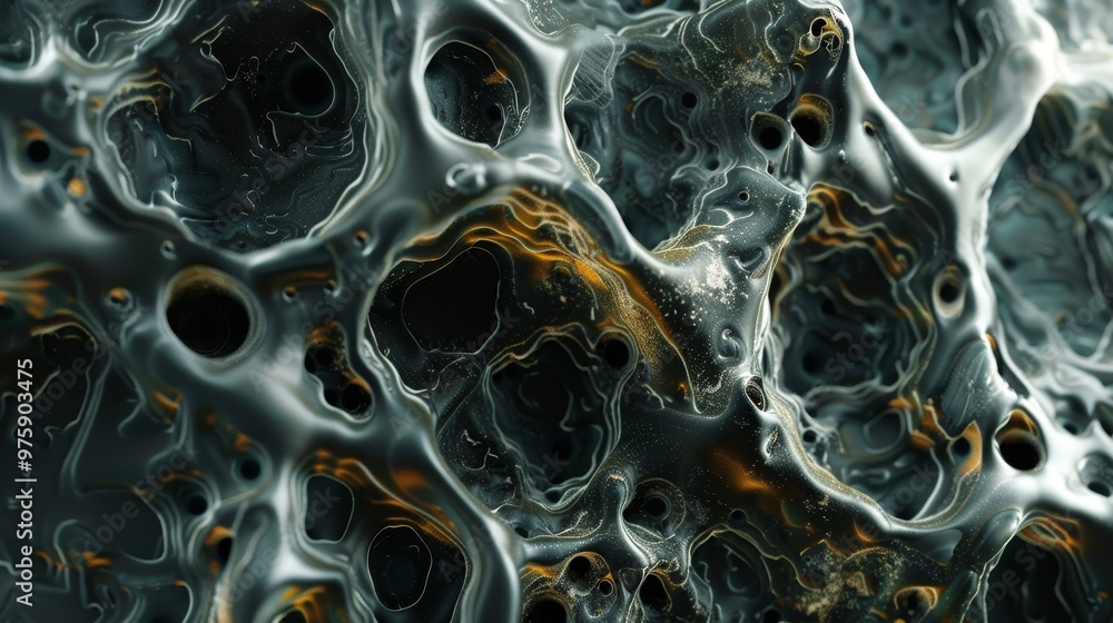 Poster abstract close-up of intricate textures resembling organic structures, showcasing dark tones with hi